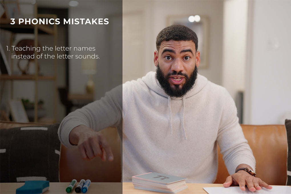 A person gestures while explaining common phonics mistakes. Text reads: 3 Phonics Mistakes. 1. Teaching the letter names instead of the letter sounds.