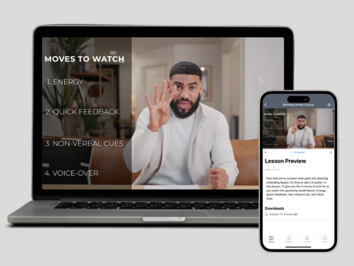 A man gestures while appearing on a video on a laptop screen with a text list of Moves to Watch. A phone beside it shows a lesson preview titled Lesson 11 Transcript with download options.
