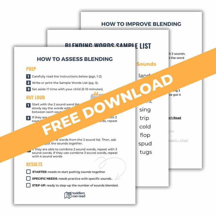 An instructional flyer on blending words, featuring sections on how to improve and assess blending, with a Free Download banner across the page.