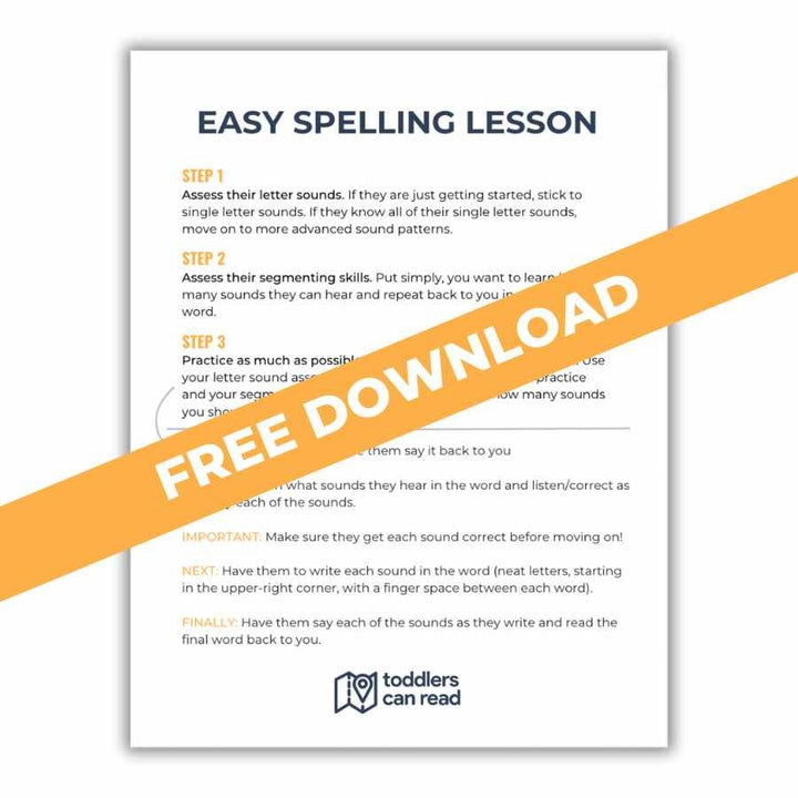 A document titled Easy Spelling Lesson with steps for assessing letter and segmenting skills. A FREE DOWNLOAD banner is overlaid on the document. The logo toddlers can read is at the bottom.