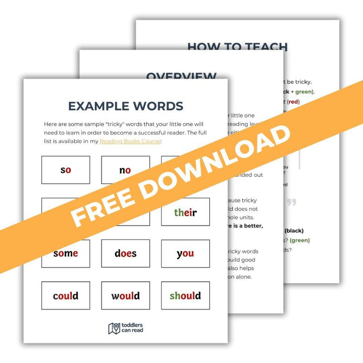 Image of a downloadable PDF titled FREE DOWNLOAD from Toddlers Can Read, featuring example tricky words such as so, no, could, and should.